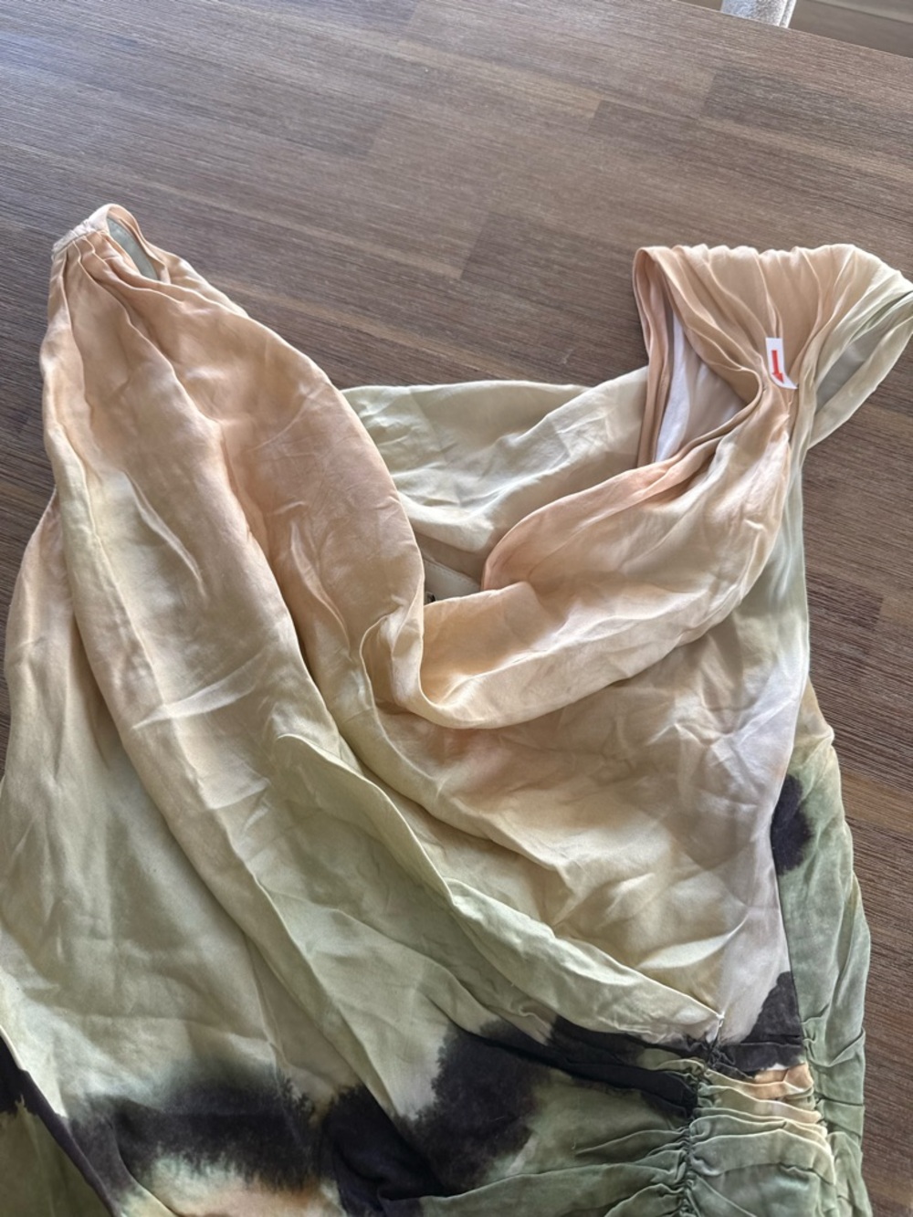 Satin Draped Tie-Detail Mini Dress in Peach-Green Watercolor - Picture 6 of 8